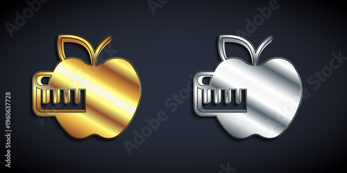Gold and silver Apple and measuring tape icon isolated on black background. Excess weight. Healthy diet menu. Fitness diet apple. Long shadow style. Vector