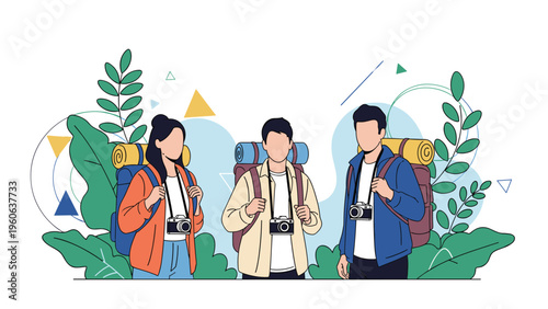 Group of young adventurers with backpacks and cameras ready to explore nature and capture beautiful memories on their journey.