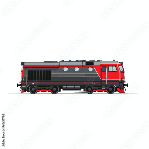 Red and grey diesel locomotive with black accents, wheels, and windows