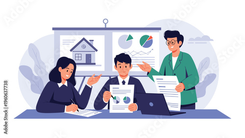 Real estate agents and clients discussing property investment, market trends, and house purchase plans during a formal meeting.