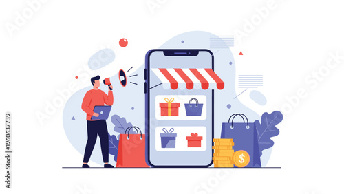 Marketing specialist promoting online shopping services and e-commerce deals through mobile technology to increase sales.