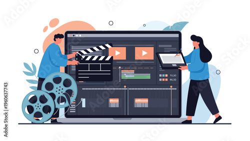Creative video editors working together on a film project using professional software, clapperboards, and digital media tools.