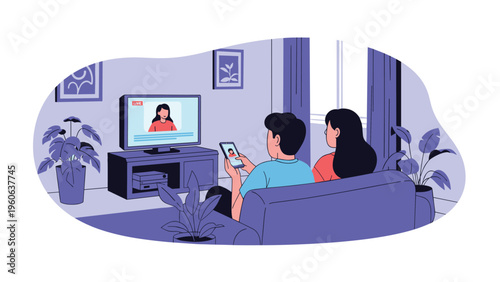 Young couple relaxing on their sofa while watching news or a live stream on television and following updates on a smartphone.