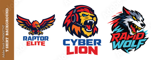 Raptor elite cyber lion and rapid wolf esport gaming mascot logo collection for team icons.