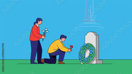 Somber couple paying their respects at a cemetery by placing flowers at a headstone in memory of a lost loved one.