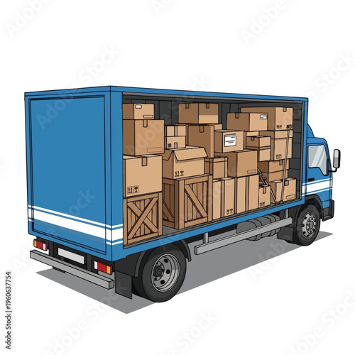 Blue truck filled with cardboard boxes, crates, and parcels