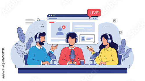 Group of podcast hosts recording a live discussion for their digital audience using professional microphones and audio equipment.