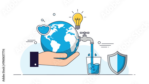 Conceptual illustration of environmental protection, clean water access, and sustainable energy solutions for our global future.