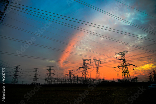 Pylon, high-voltage tower sky background.