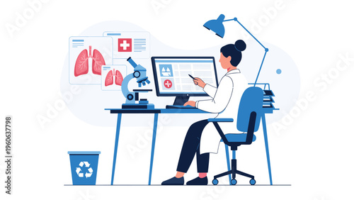 Medical researcher analyzing lung health and diagnostic data using a computer and microscope in a modern laboratory setting.