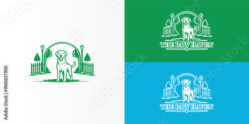 A welcoming green logo for a private dog park. A friendly Retriever stands under a classic archway flanked by ornate lampposts, a white picket fence, and stylized trees represent a canine sanctuary.