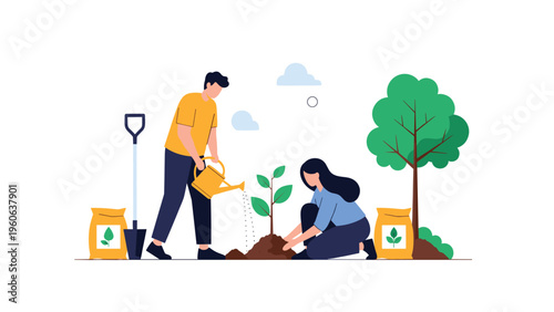 Environmentally conscious couple plants a young tree in a garden, using organic fertilizer and a watering can to promote nature growth.