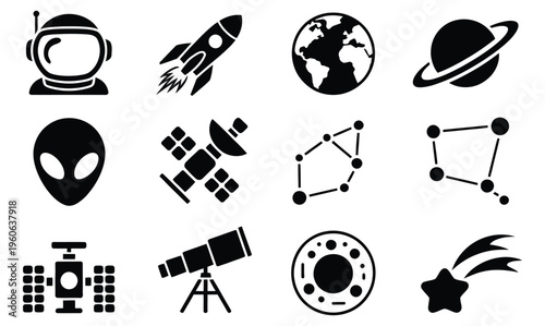 Minimal space exploration and astronomy icons, flat black vector symbols, rockets, planets, satellites, telescopes, and stars, scientific and cosmic illustration graphics