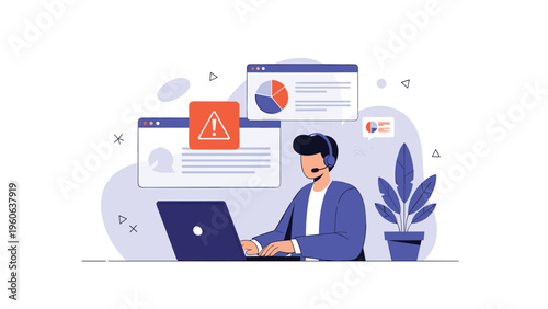 Dedicated customer support representative works on a laptop with data analytics and system warning icons floating in a modern office.