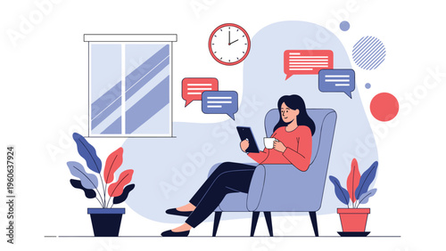 Young woman relaxes in a comfortable armchair while using a digital tablet to communicate through floating chat messages and bubbles.