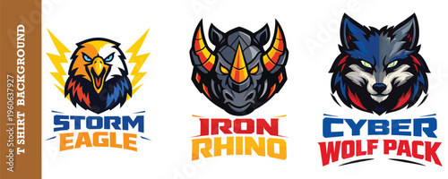 Storm eagle iron rhino and cyber wolf pack esports mascot logo set for competitive gaming.