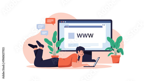 Creative professional lies on the floor while using a laptop in front of a large monitor displaying a website interface and plants.