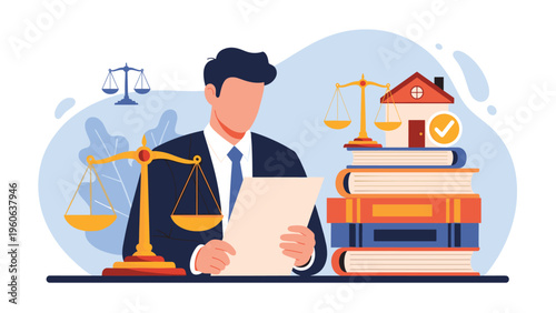 Professional legal expert reviews important documents at a desk equipped with scales of justice, law books, and a real estate symbol.