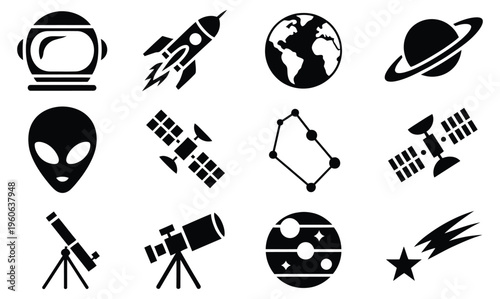 Minimal space exploration and astronomy icons, flat black vector symbols, rockets, planets, satellites, telescopes, and stars, scientific and cosmic illustration graphics