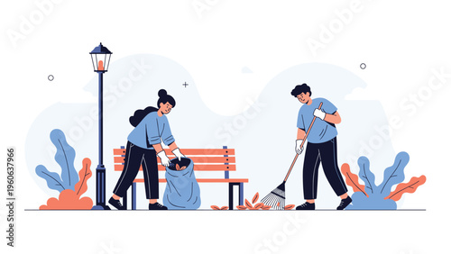 Community volunteers work together to clean up fallen leaves in a public park, filling bags near a bench and a street lamp during autumn.