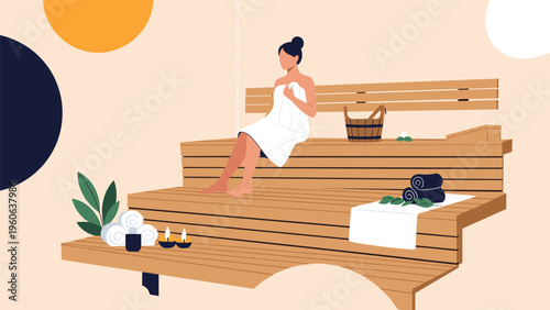 Elegant woman enjoys a relaxing wellness session in a traditional wooden sauna equipped with spa towels, water buckets, and candles.