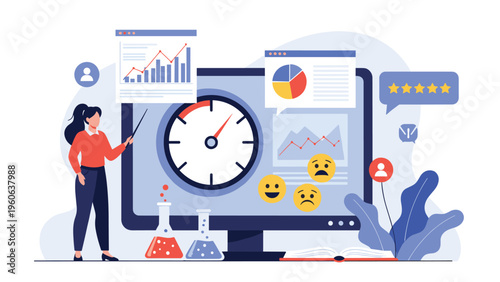 Scientist presents complex data analytics and research results on a large monitor featuring graphs, pie charts, and laboratory flasks.