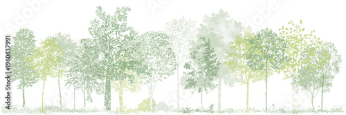 CAD Tree Line Drawing Collection, Minimal Wildlife Forest Section Outline Symbols in Side View, Architectural Landscape Design Elements, White Stroke and Fill Vector Illustration with Separate Parts