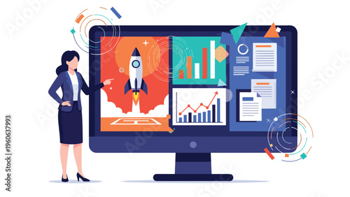 Corporate presenter explains a new business strategy on a large screen featuring a rocket launch and various data visualization charts.