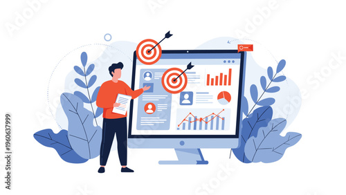 Marketing professional points at a target on a screen displaying user data and statistics to illustrate successful goal achievement.