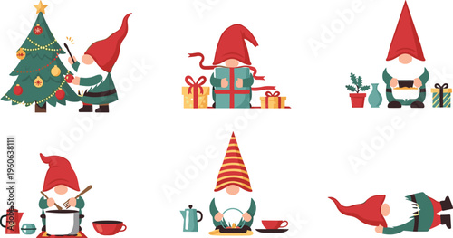 Cute Christmas gnomes decorating tree cooking and celebrating flat vector illustration festive holiday characters with gifts and cozy winter activities set