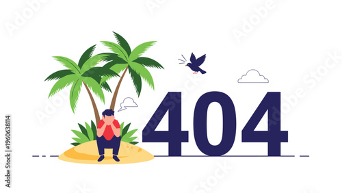 Distressed man sits on a tiny island with a palm tree next to a large 404 error message indicating a lost internet connection.