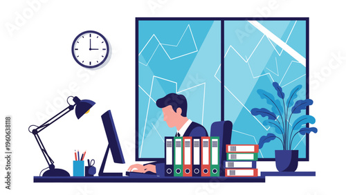 Hardworking employee sits at his office desk late at night, surrounded by files and folders while working on a computer terminal.