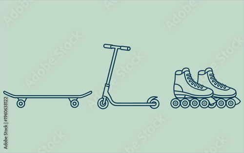 Skateboard kick scooter and inline roller skates line