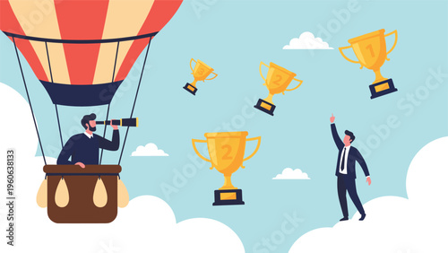 Ambitious professional in a hot air balloon uses a telescope to track career achievements and trophies floating in a cloudy sky.