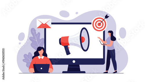 Marketing specialists use a giant megaphone on a computer screen to launch a digital advertising campaign with targets and emails.