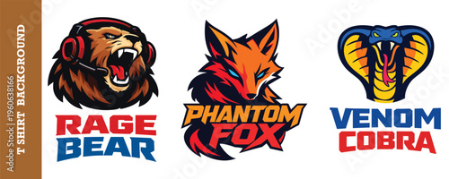 Rage bear phantom fox and venom cobra gaming mascot logos for professional esports branding.