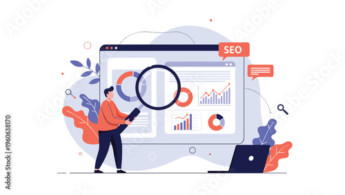 Digital marketing specialist uses a magnifying glass to analyze website SEO performance and traffic data on a large computer screen.