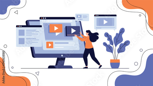 Video editor manages a digital content library on a large monitor, organizing video files and thumbnails for a media channel.