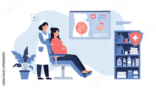 Pregnant woman receives a medical checkup from a nurse while viewing a detailed fetal ultrasound scan on a clinic monitor screen.