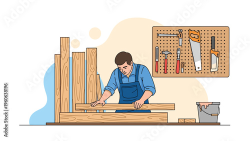 Skilled craftsman works on wooden planks at a workshop bench with various hand tools organized on a pegboard in the background.