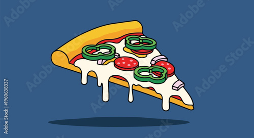 Flat vector illustration of a pizza slice with fresh toppings