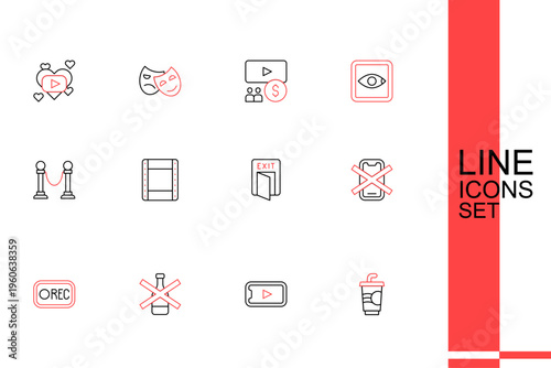 Set line Paper glass with water, Online play video, No alcohol, Record button, cell phone, Fire exit, Play and Rope barrier icon. Vector