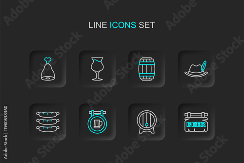 Set line Street signboard with Beer, Wooden barrel on rack, beer, Sausage, Oktoberfest hat, Glass of and Chicken leg icon. Vector
