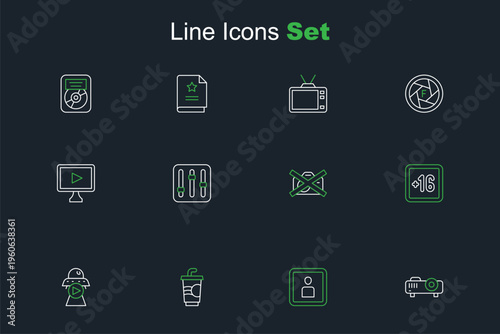Set line Movie, film, media projector, Play Video, Paper glass with water, Science fiction, Plus 16 movie, Prohibition no video recording, Sound mixer controller and Online play icon. Vector
