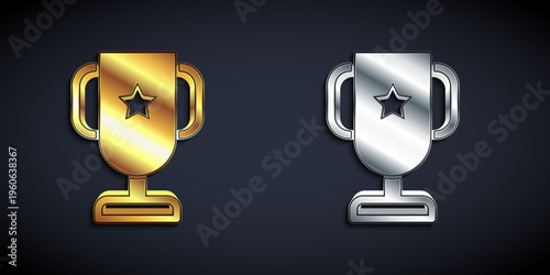 Gold and silver Casino poker trophy cup icon isolated on black background. Long shadow style. Vector