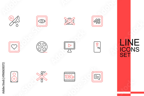 Set line Video with subtitles, Full HD 1080p, No smoking, Stereo speaker, Backstage, Online play video, Film reel and Like heart icon. Vector