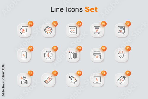 Set line Battery charge, Laptop, Electric glove, extension, Electrician, plug, Toolbox electrician and cable icon. Vector
