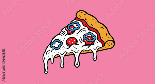 Pop art style pizza slice illustration with dripping cheese