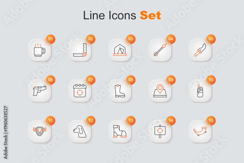 Set line Hunting horn, Target sport, Hunter boots, dog, Deer antlers on shield, Lighter, place and Waterproof rubber icon. Vector