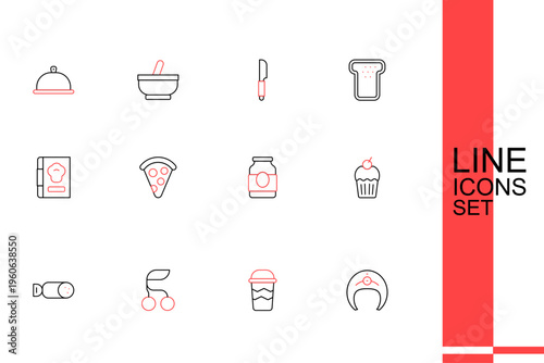 Set line Fish steak, Coffee cup to go, Fresh berries, Salami sausage, Muffin, Jam jar, Slice pizza and Cookbook icon. Vector